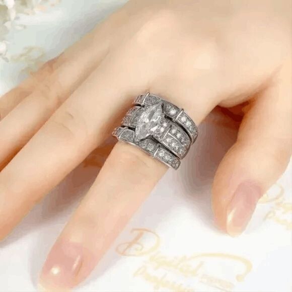 Marquise Round Diamond Wedding Engagement Anniversary Ring & Diamond Ring Guards - Picture 5 of 6